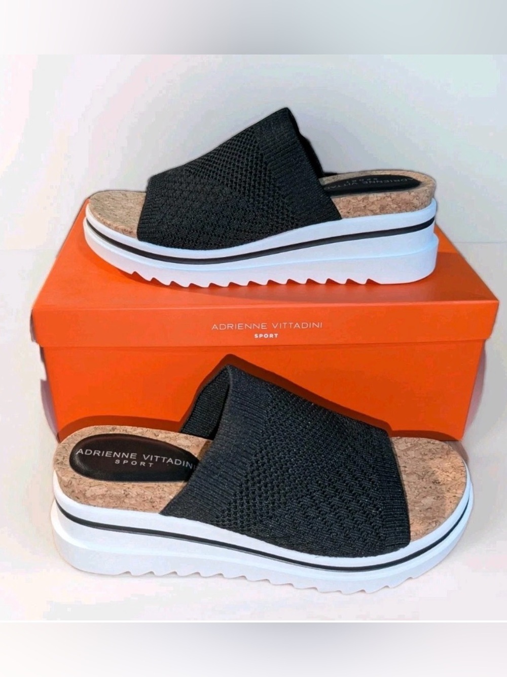 Adrienne Vittadini Black Knit Platform Slide Mules
